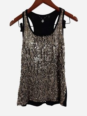 VTG BKE Boutique Gold Sequin Racerback Black Tank Top Sparkle Party Glam Size S